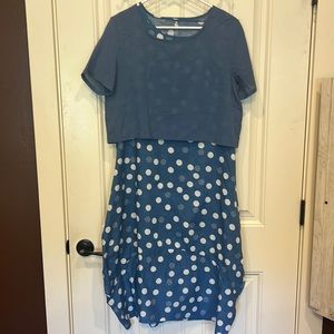 Dress is a soft baby blue w/white polkadots. With a overlay of a solid baby blue